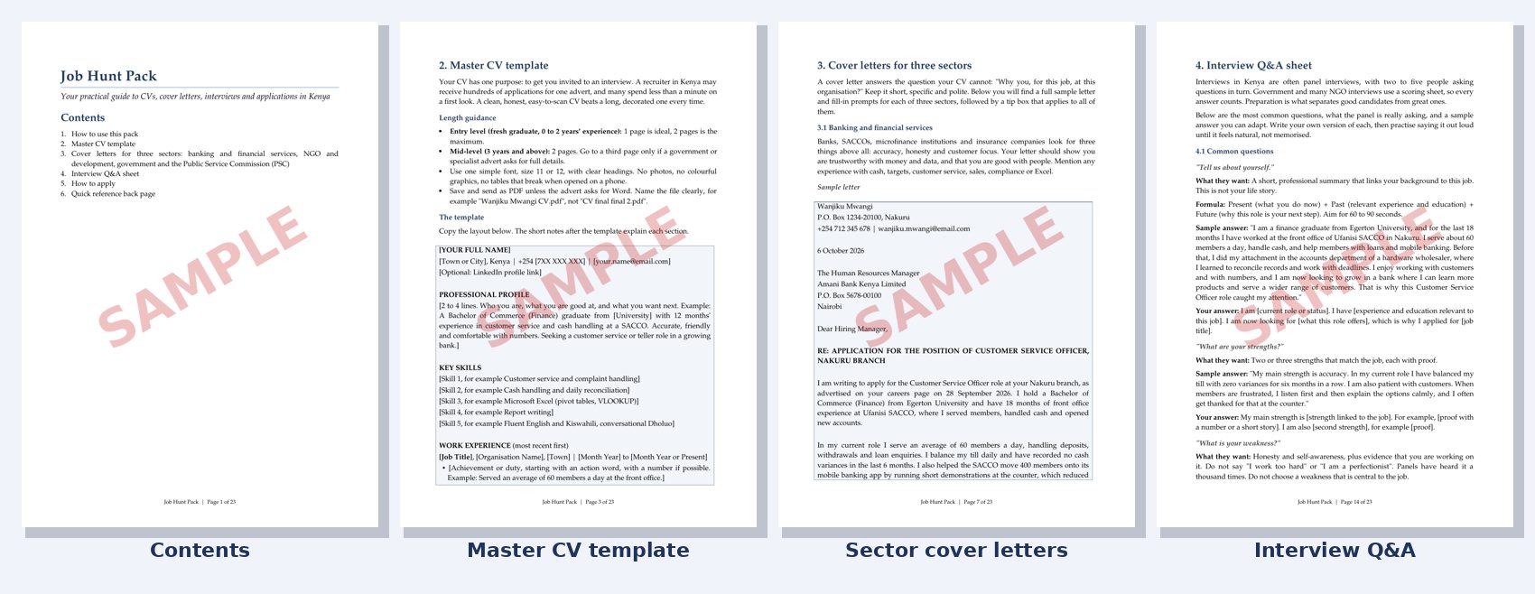 Sample pages from the Job Hunt Pack: contents, master CV, cover letter and interview Q&A